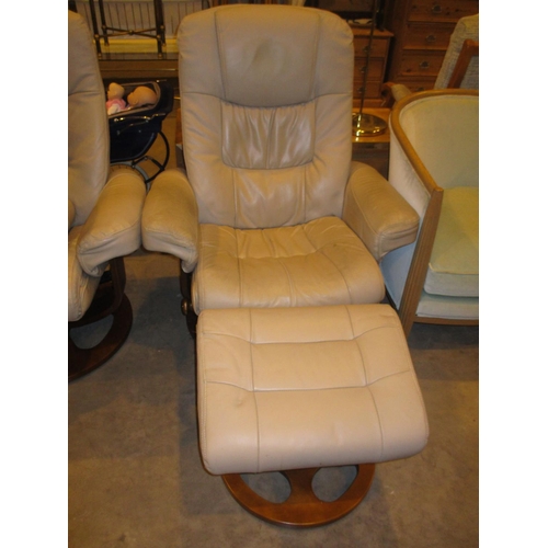 426 - Morris Furniture Beige Leather Lounge Chair with Stool