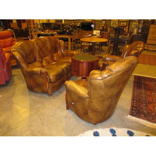 436 - Brown Leather and Show Wood 3 Piece Lounge Suite