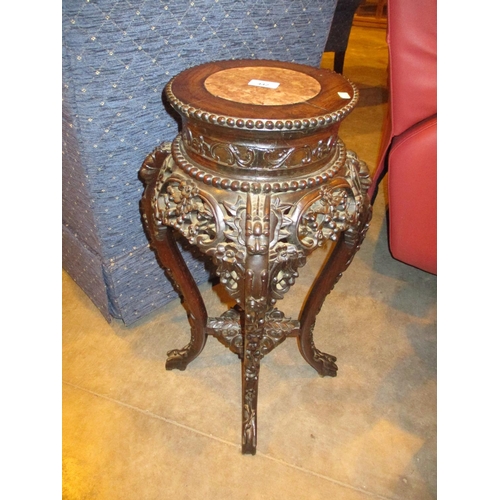 442 - Chinese Ornately Carved Rosewood and Marble Top Plant Table