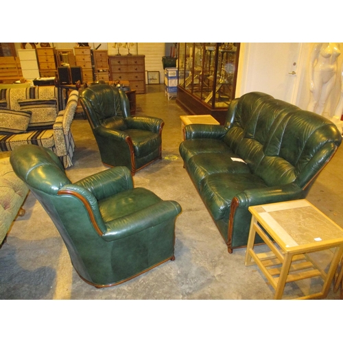 453 - Green Leather and Show Wood 3 Piece Lounge Suite