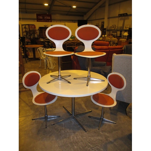 454 - Mid 20th Century White and Stainless Steel Space Age Circular Dining Table and 4 Revolving Chairs