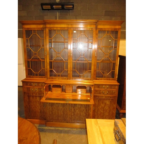 Reproduction Georgian Style Yew Wood Break Front Secretaire Bookcase, 197cm