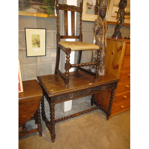 533 - Gothic Carved Oak 2 Drawer Writing Table, 106cm, with a Chair