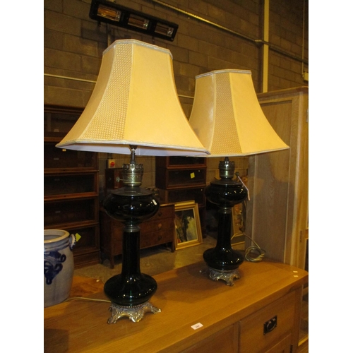 128 - Pair of Continental Green Glass and Brass Oil Lamps Fitted as Electric Lamps with Shades