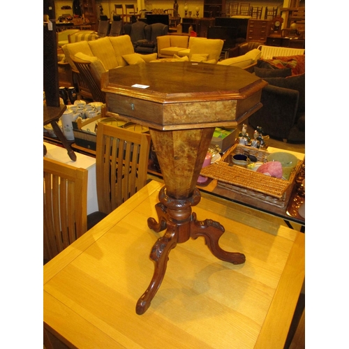 144 - Victorian Walnut Trumpet Work Box on Tripod Base