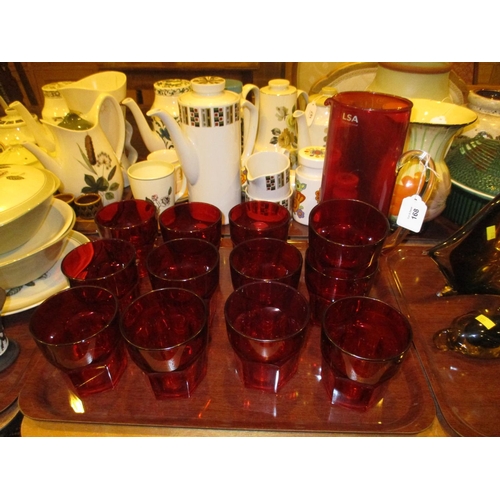 168 - Red Glass Water Jug and 12 Tumblers