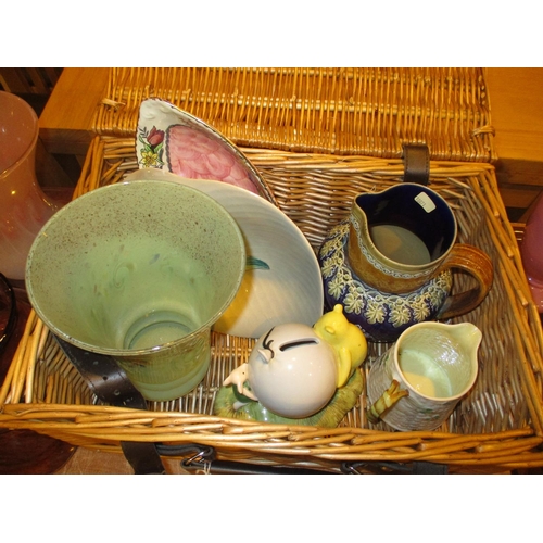 188 - Basket with Scottish Glass Vase, Royal Doulton Jug, Royal Doulton Winnie The Pooh Money Box, Belleek... 