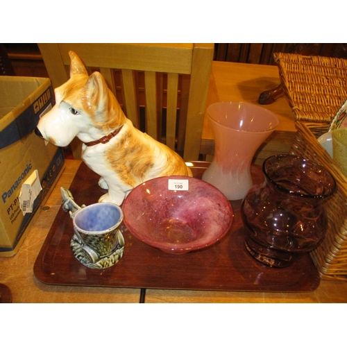 190 - Sylvac Dog, Pottery Donkey, 2 Glass Vases and Dish