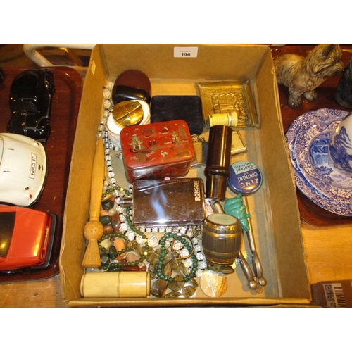 196 - Jewellery, Hip Flask, Tins, Lighter etc