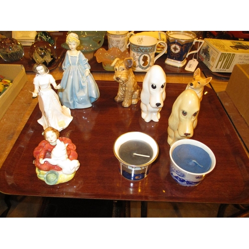 201 - Two Royalty Doulton Figures, Royal Worcester Figure, 4 Sylvac Dogs etc