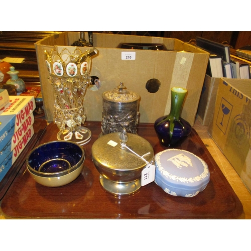 211 - Victorian Glass Lustre, Silver Plated Items, Wedgwood, Trinket Box etc