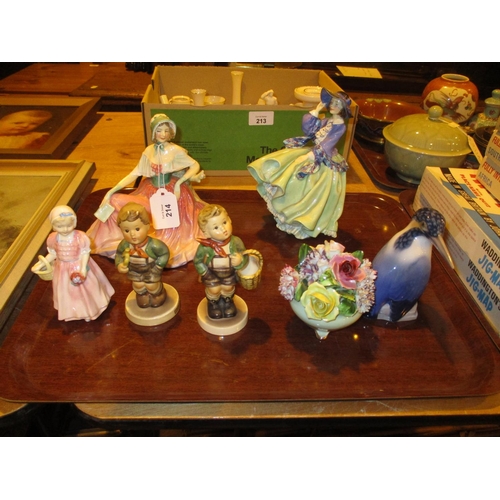 214 - Three Royal Doulton Figures, 2 Hummel Figures, China Posy and B&G Kingfisher