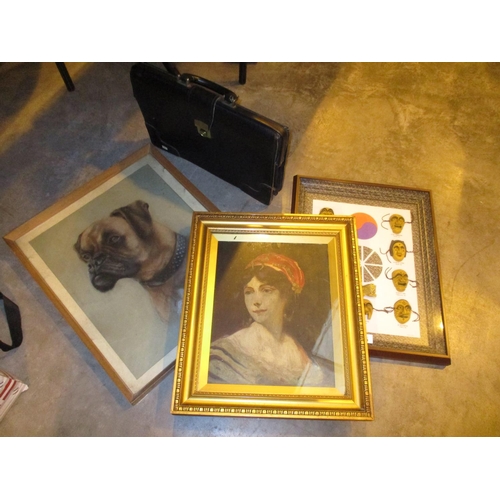 229 - A. Bryson, Pastel Drawing of a Dog, Portrait Oil Painting, Japanese Mask Picture and a Briefcase