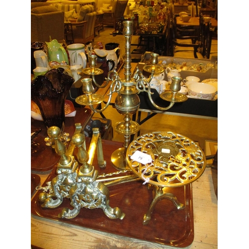 75 - Brass Four Branch Candelabra, Trivet, Pair of Fire Dogs, Two Pokers and a Toasting Fork