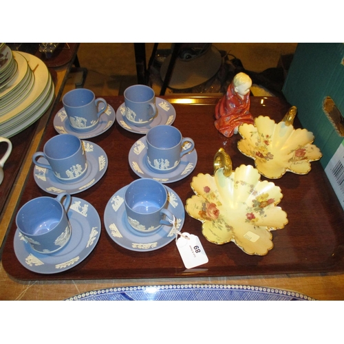 89 - Wedgwood Blue Jasper 12 Piece Coffee Set, Royal Doulton Figure and 2 Royal Worcester Dishes