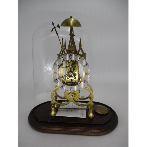 284 - Brass Skeleton Clock with Fusee Movement, Under a Glass Dome, total height 42cm