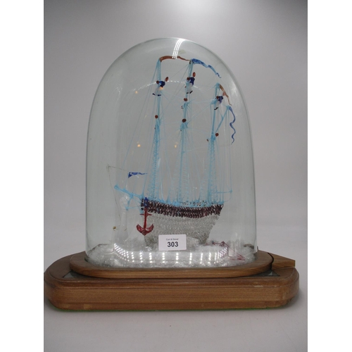 303 - Nailsea Type Glass Frigger of a Masted Galleon with Sailors Climbing the Rigging under a Cracked Gla... 