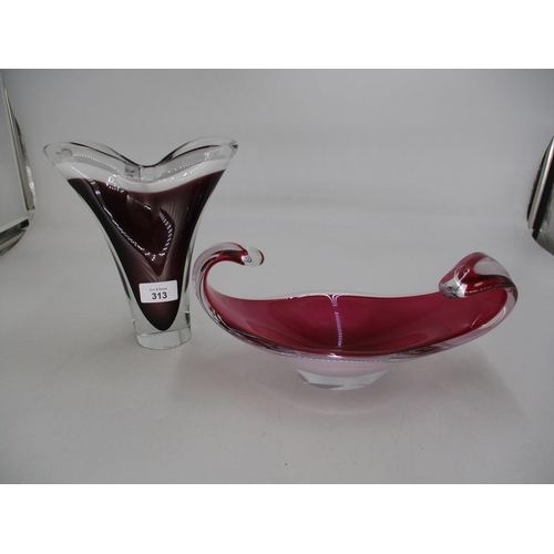 313 - Flyg Coquille Glass Vase and Dish, vase 21cm, dish 28cm