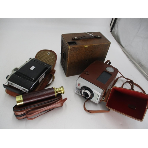 314 - Kodak Folding and Cine Cameras, Ensign Box Camera and a Solus 25x30mm Telescope