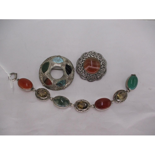 342 - Scottish Silver and Stone Set Bracelet and an Agate Brooch, along with Another Brooch