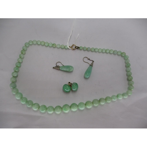 348 - Green Hard Stone Necklace and 2 Pairs of Earrings