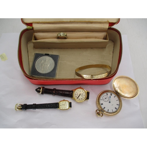 349 - Jewel Box with Gold Plated Pocket Watch, 2 Ladies Watches, Expanding Bangle, Silver Ring and 1953 Cr... 