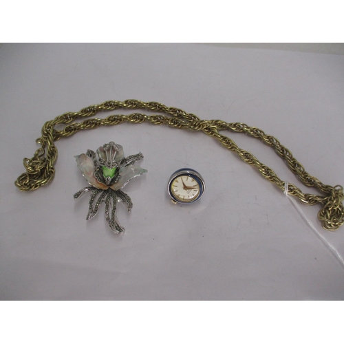 360 - Gruen Enamel Case Pendant Watch, Enamel and Marcasite Brooch and a Necklace