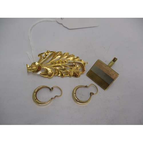 365 - 585 Gold Cufflink, Pair of 9ct Gold Earrings, and a Chinese Yellow Metal Brooch, total weight 12.2g