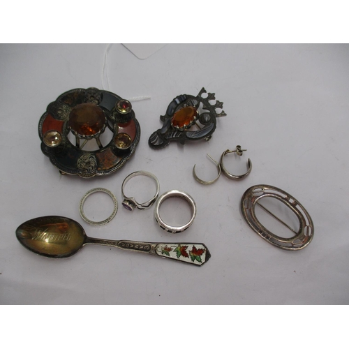 369 - Two Scottish Brooches, Brooch, 3 Rings, Pair of Earrings and a Spoon