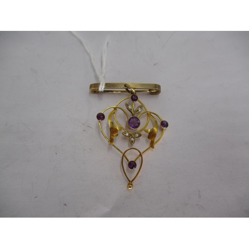 370 - 9ct Gold Art Nouveau Amethyst and Pearl Set Pendant and a Later 9ct Gold Bar, 3g