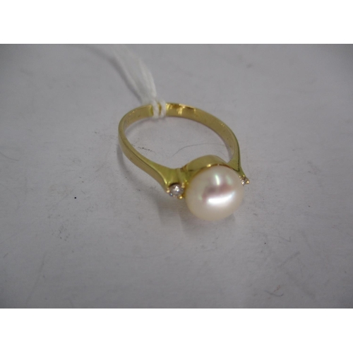 375 - Pearl and 2 Stone Diamond Ring on Yellow Metal, 3.1g, Size P