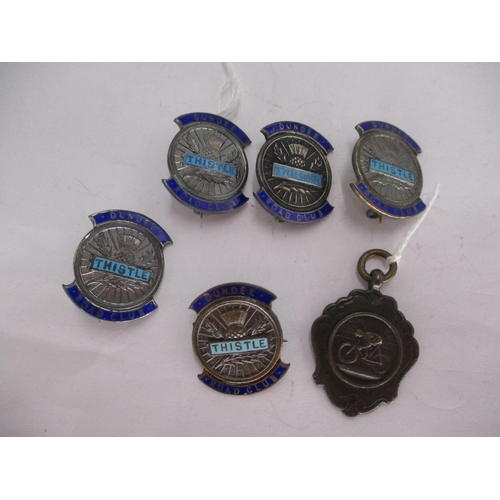 389 - Four Silver Dundee Thistle Road Club Badges and a Metal Badge and Pendant