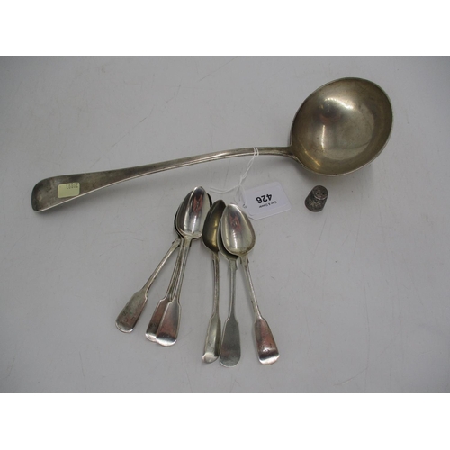 426 - Silver Soup Ladle, London 1910, 6 Georgian Silver Teaspoons and a Silver Thimble, 358g total