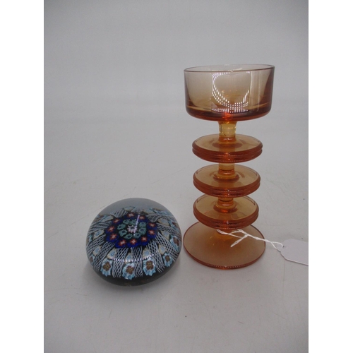 427 - Wedgwood Amber Glass Candlestick and a Paperweight