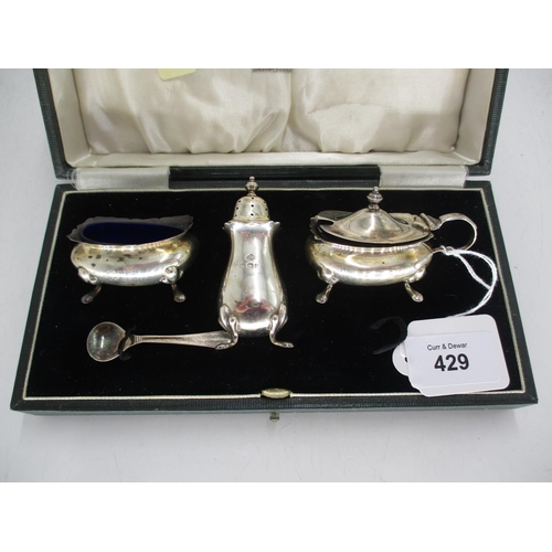 429 - Cased Set of 3 Silver Condiments and 1 Spoon, Birmingham 1932