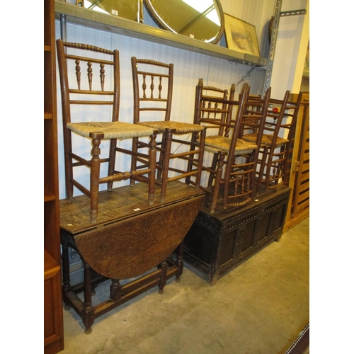 552 - Antique Oak Coffer, Oak Gateleg Table and 6 Rush Seat Chairs