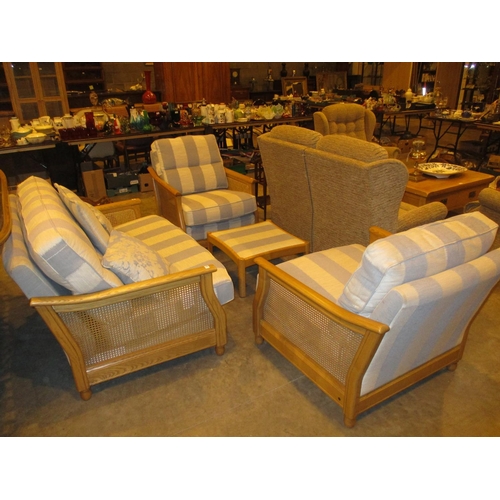 622 - Ercol Oak and Bergere 3 Piece Lounge Suite with Stool