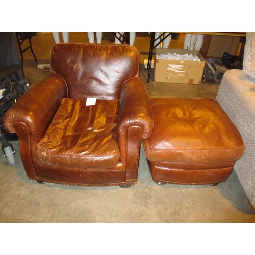 631 - Distressed Style Brown Leather Easy Chair with Stool