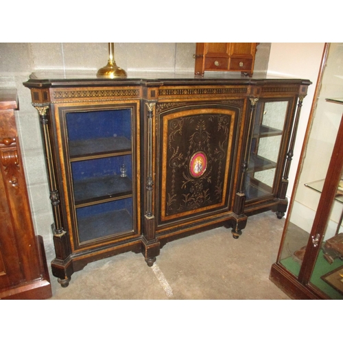 720 - Victorian Ebonised Parlour Cabinet having Amboyna Inlay, Brass Mounts and Central Porcelain Panel, 1... 