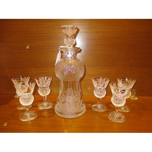 Edinburgh Crystal Thistle Shape and Engraved Decanter with 6 Thistle Sherry Glasses