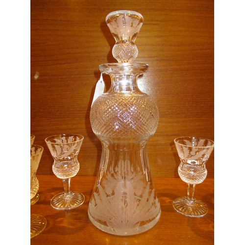 294 - Edinburgh Crystal Thistle Shape and Engraved Decanter with 6 Thistle Sherry Glasses