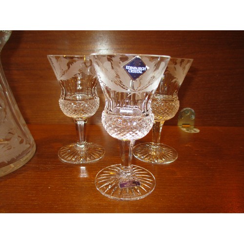 294 - Edinburgh Crystal Thistle Shape and Engraved Decanter with 6 Thistle Sherry Glasses