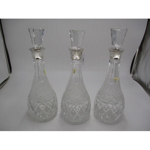 307 - Set of 3 Silver Collar Crystal Decanters, London 1974, Maker B.P. Co.