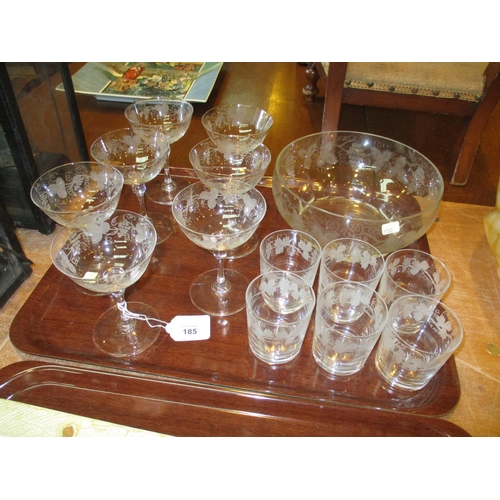 185 - Set of 7 Vine Engraved Glass Champagne Coupes, 6 Whisky Tumblers and a Bowl