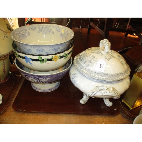 201 - Three Victorian Pottery Punch Bowls and a Tureen