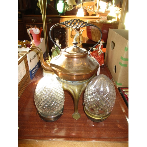 208 - 1906 Presentation Kettle and a Pair of Glass Lantern Shades