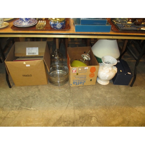 223 - Box of LPs, Demi John, Glass Bowl, Ceiling Light, Table Lamp, Pottery Vase and 6 Grand Slam Glasses