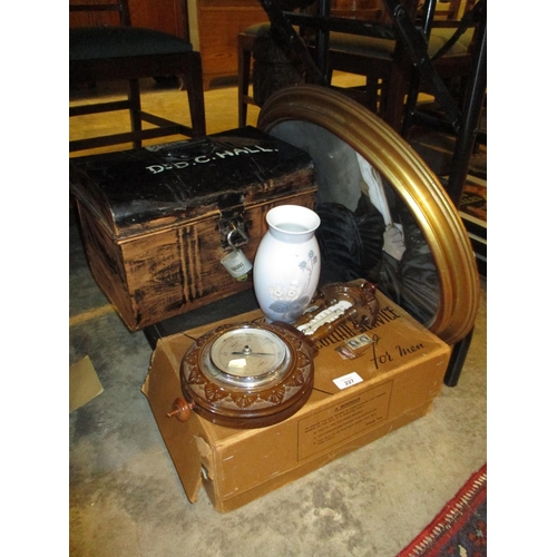 227 - Two Tin Boxes, Oval Portrait, Copenhagen Vase, Barometer and Advert Box