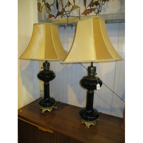 267 - Pair of Continental Green Glass and Brass Table Lamps with Shades