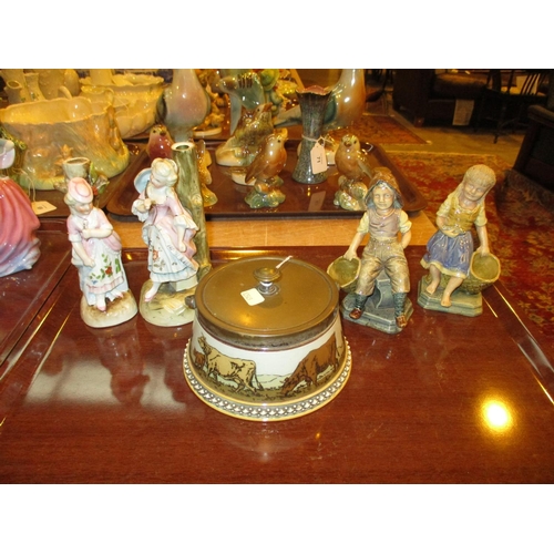 72 - Mettlach Pottery and Metal Preserve Pot and 4 Victorian Figures